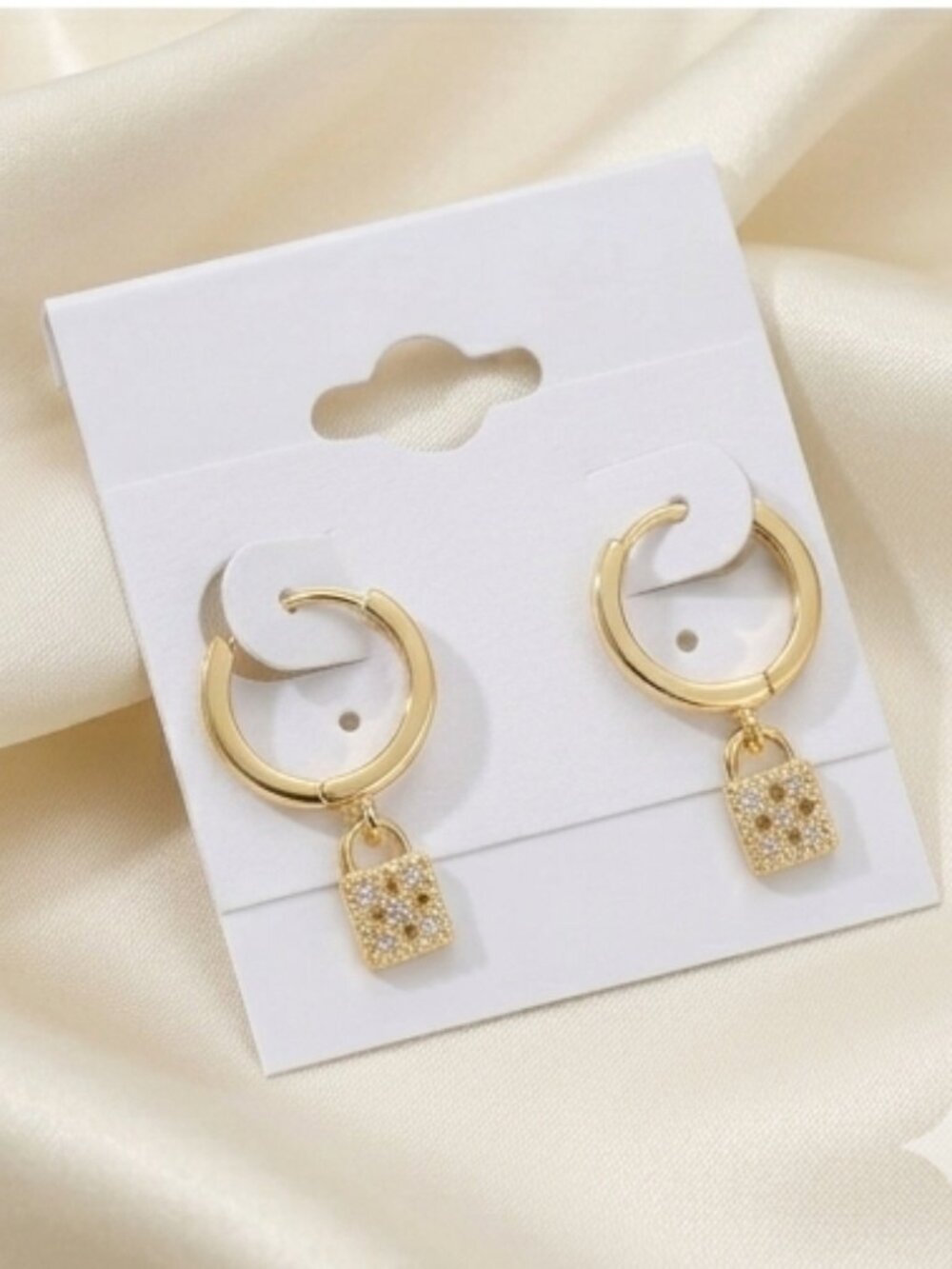 Gold Over Silver Huggie Lock Hoop Dangle Earrings Crystal Pavé Padlock Whimsigot